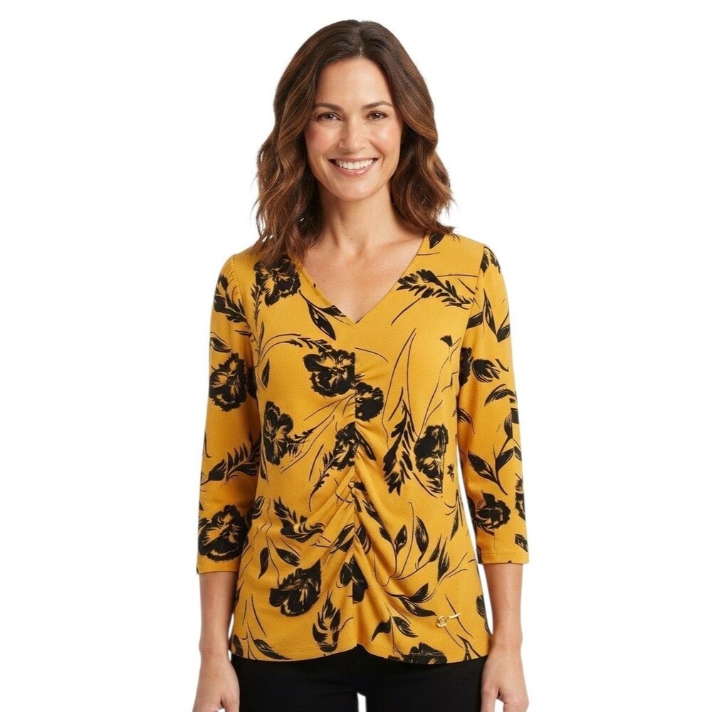 Adrienne Vittadini Top Womens 1X Gold  Black Floral V-Neck Ruched Knit 3/4 Slv